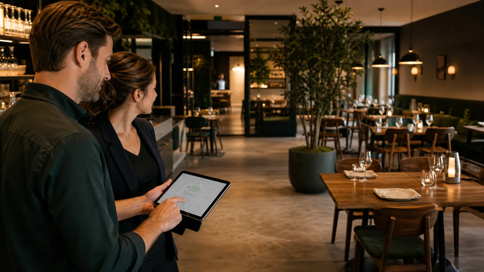 Restaurantmanager bekijkt tafelindeling op een tablet in de zaal